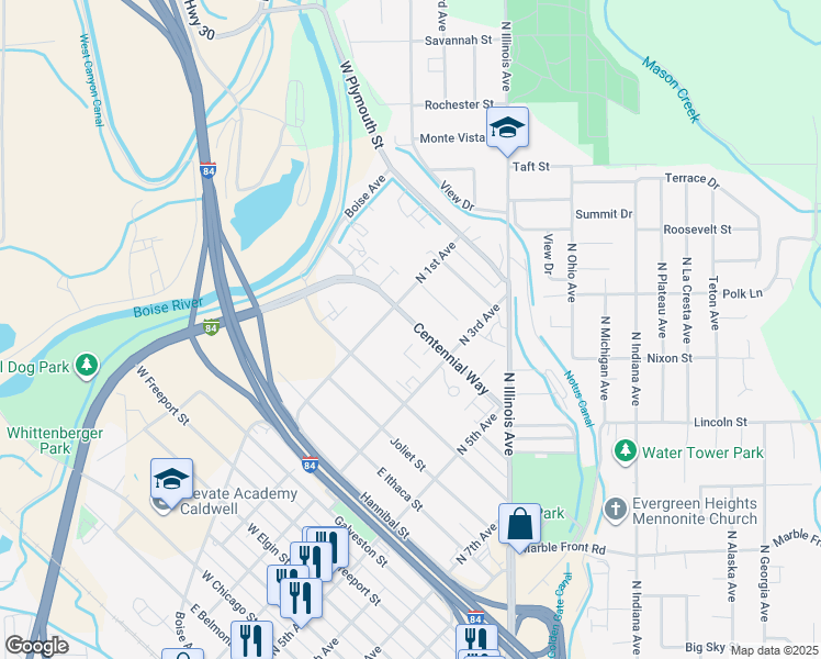map of restaurants, bars, coffee shops, grocery stores, and more near 118 East Madison Street in Caldwell