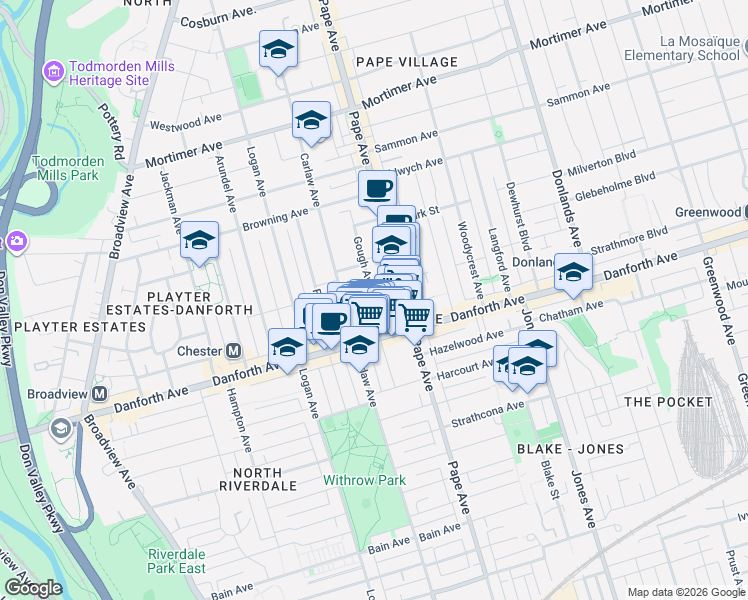 map of restaurants, bars, coffee shops, grocery stores, and more near 105 A Gough Avenue in Toronto