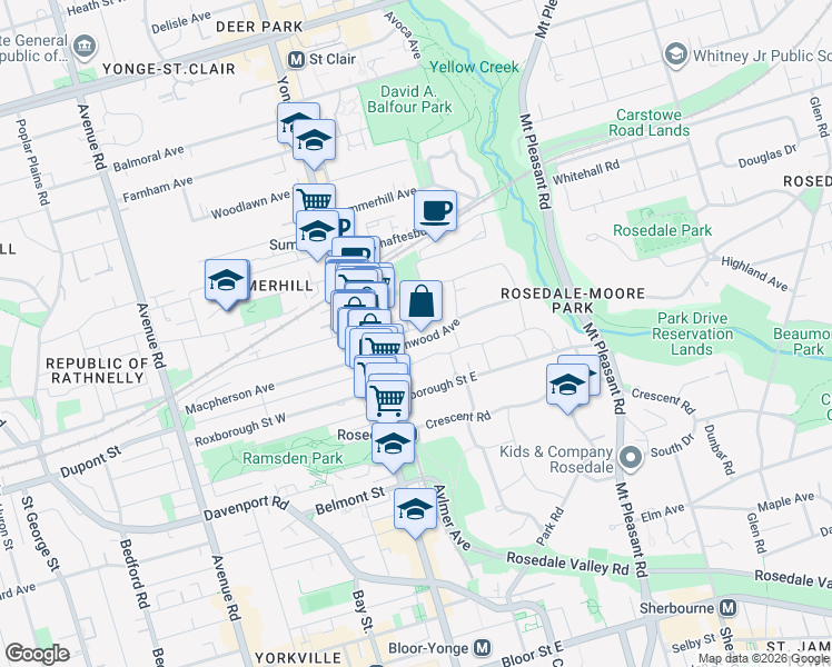 map of restaurants, bars, coffee shops, grocery stores, and more near 30 Rowanwood Avenue in Toronto