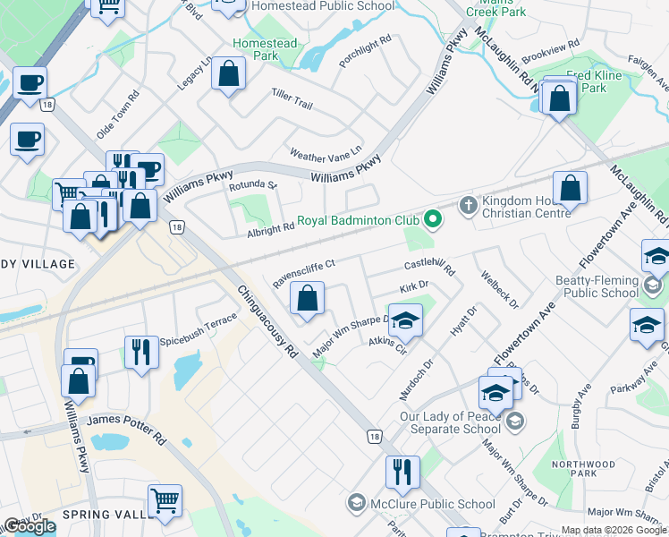 map of restaurants, bars, coffee shops, grocery stores, and more near 71 Ravenscliffe Court in Brampton