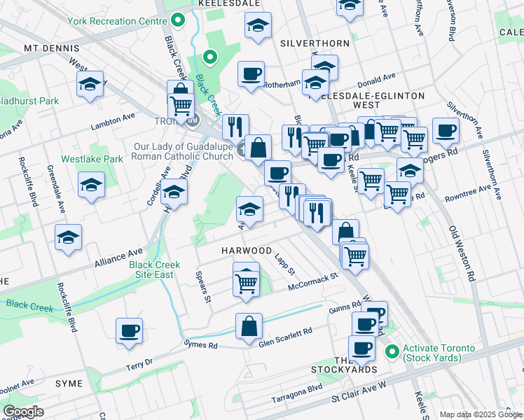 map of restaurants, bars, coffee shops, grocery stores, and more near 25 Seneca Avenue in Toronto