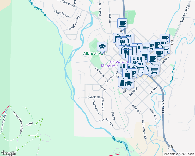 map of restaurants, bars, coffee shops, grocery stores, and more near 371 7th Street West in Ketchum