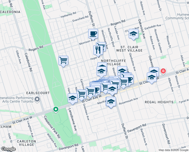 map of restaurants, bars, coffee shops, grocery stores, and more near 58 Ascot Avenue in Toronto