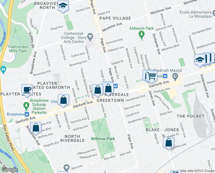 map of restaurants, bars, coffee shops, grocery stores, and more near 89 Gough Avenue in Toronto