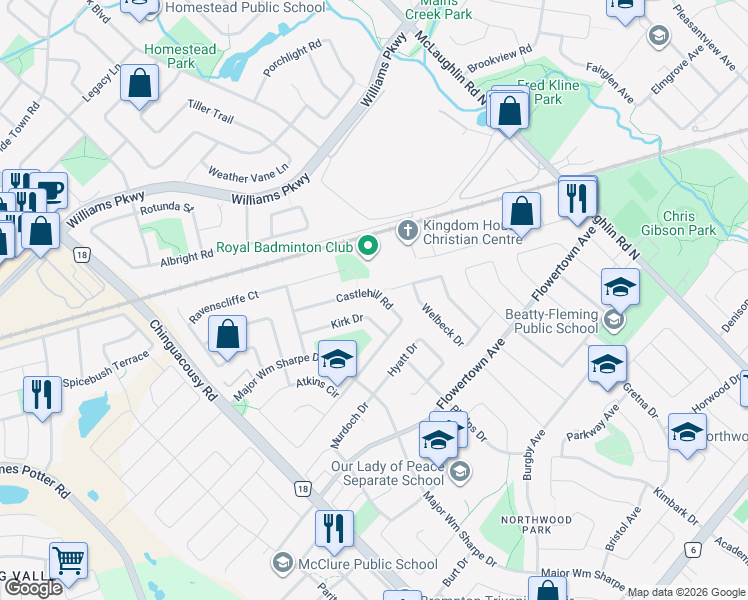 map of restaurants, bars, coffee shops, grocery stores, and more near 47 Castlehill Road in Brampton