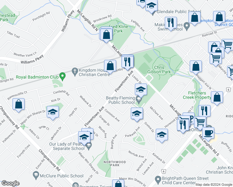 map of restaurants, bars, coffee shops, grocery stores, and more near 33 Flowertown Avenue in Brampton