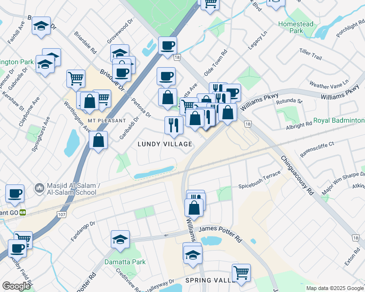 map of restaurants, bars, coffee shops, grocery stores, and more near 23 Whiteface Crescent in Brampton