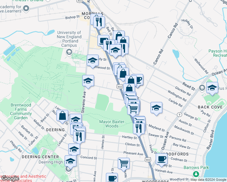 map of restaurants, bars, coffee shops, grocery stores, and more near 210 Walton Street in Portland
