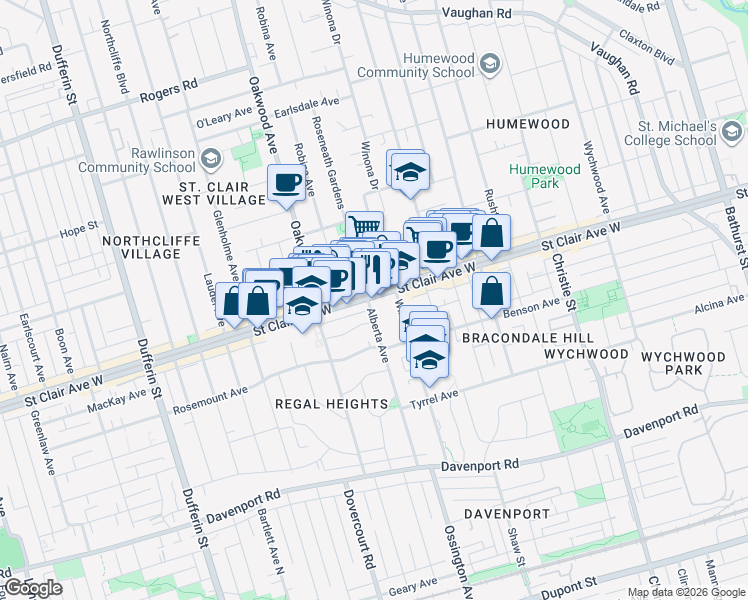 map of restaurants, bars, coffee shops, grocery stores, and more near 881 Saint Clair Avenue West in Toronto