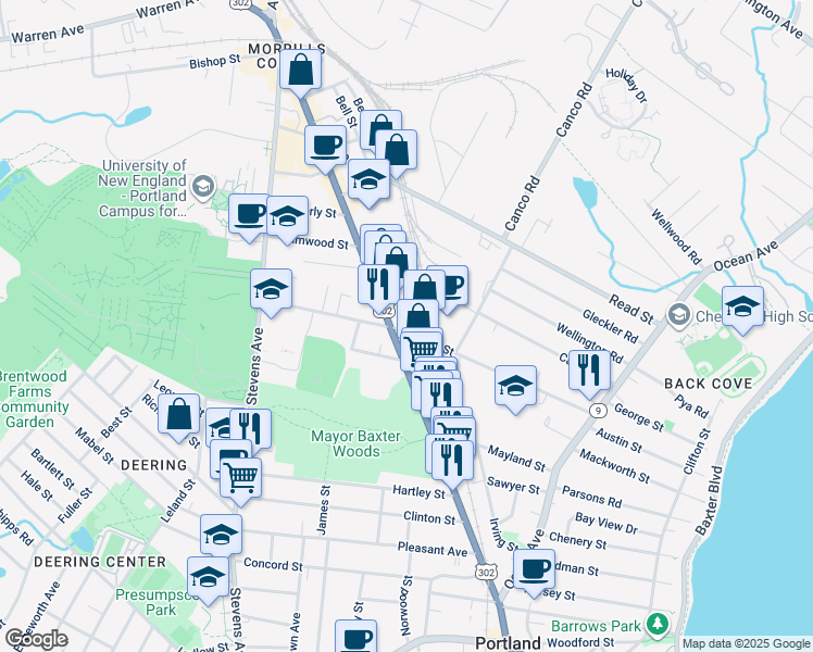 map of restaurants, bars, coffee shops, grocery stores, and more near 173 Walton Street in Portland