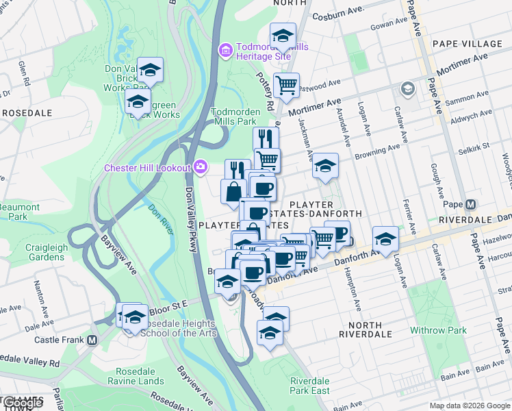 map of restaurants, bars, coffee shops, grocery stores, and more near 880 Broadview Avenue in Toronto