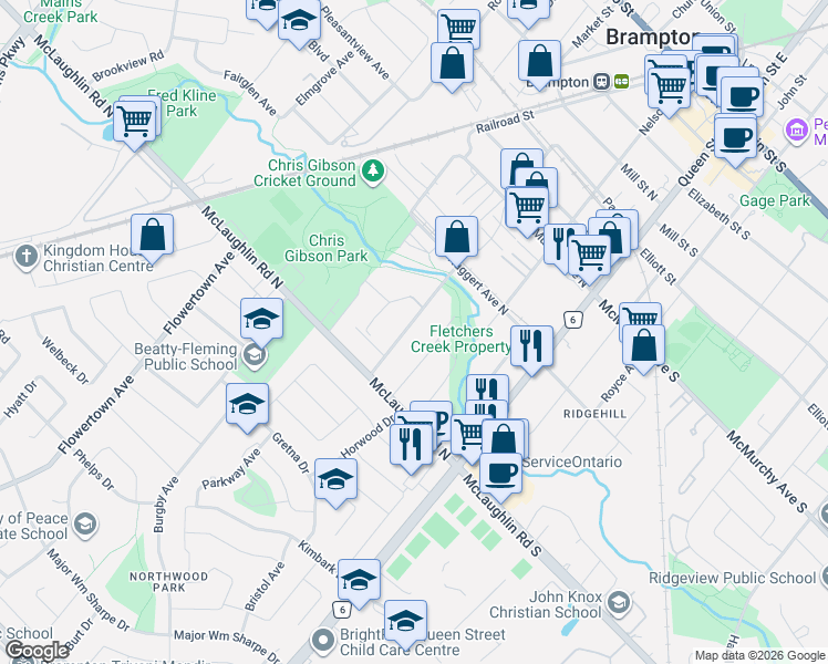 map of restaurants, bars, coffee shops, grocery stores, and more near 104 Denison Avenue in Brampton