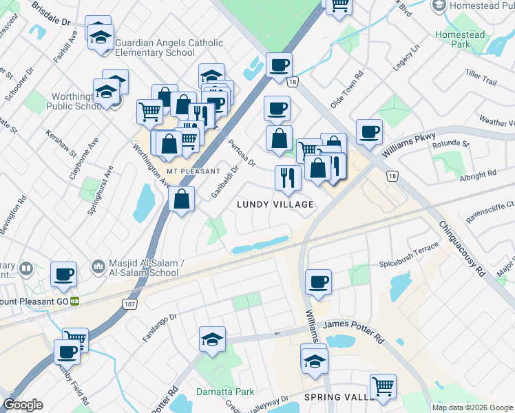 map of restaurants, bars, coffee shops, grocery stores, and more near 31 Brunswick Street in Brampton