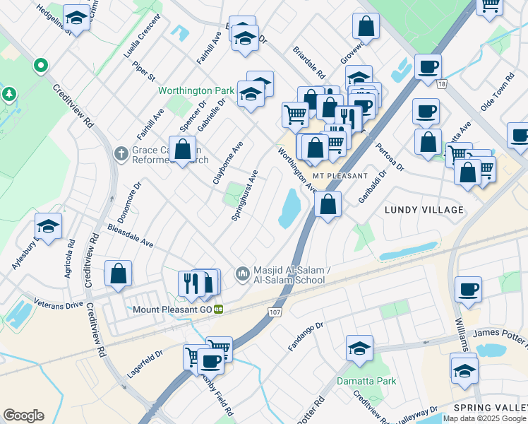 map of restaurants, bars, coffee shops, grocery stores, and more near 80 Thorpe Crescent in Brampton