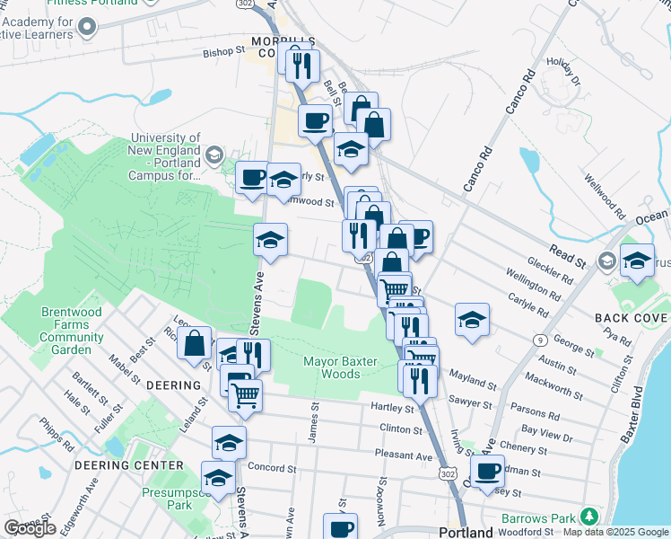 map of restaurants, bars, coffee shops, grocery stores, and more near 210 Walton Street in Portland