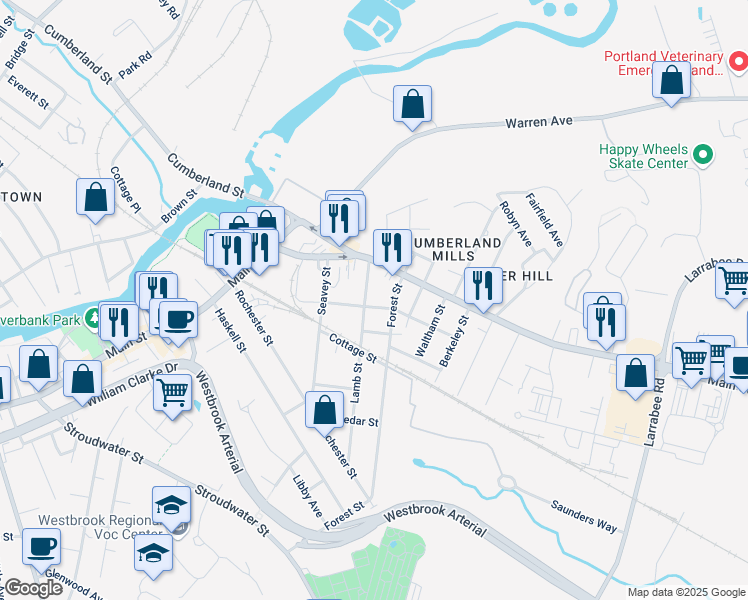 map of restaurants, bars, coffee shops, grocery stores, and more near 31 Lamb Street in Westbrook
