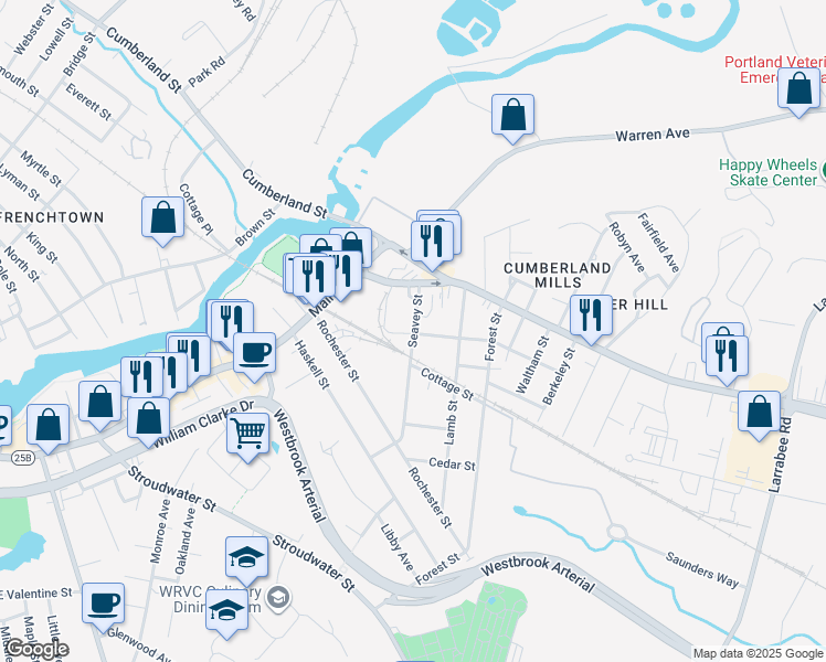 map of restaurants, bars, coffee shops, grocery stores, and more near 34 Seavey Street in Westbrook