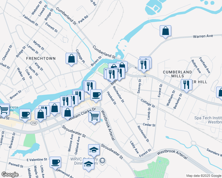 map of restaurants, bars, coffee shops, grocery stores, and more near 546 Main Street in Westbrook