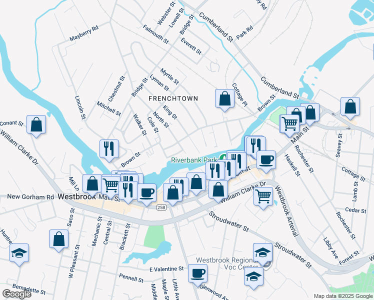 map of restaurants, bars, coffee shops, grocery stores, and more near 21 North Street in Westbrook