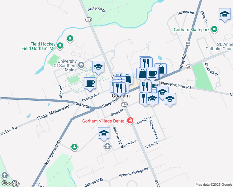 map of restaurants, bars, coffee shops, grocery stores, and more near in Gorham