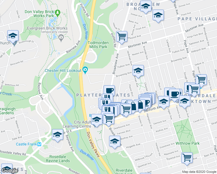 map of restaurants, bars, coffee shops, grocery stores, and more near in Toronto