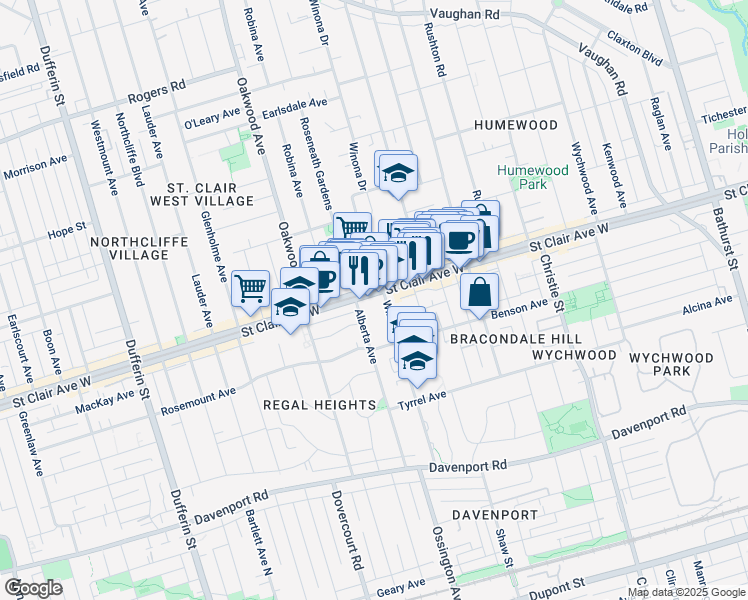 map of restaurants, bars, coffee shops, grocery stores, and more near 873 Saint Clair Avenue West in Toronto