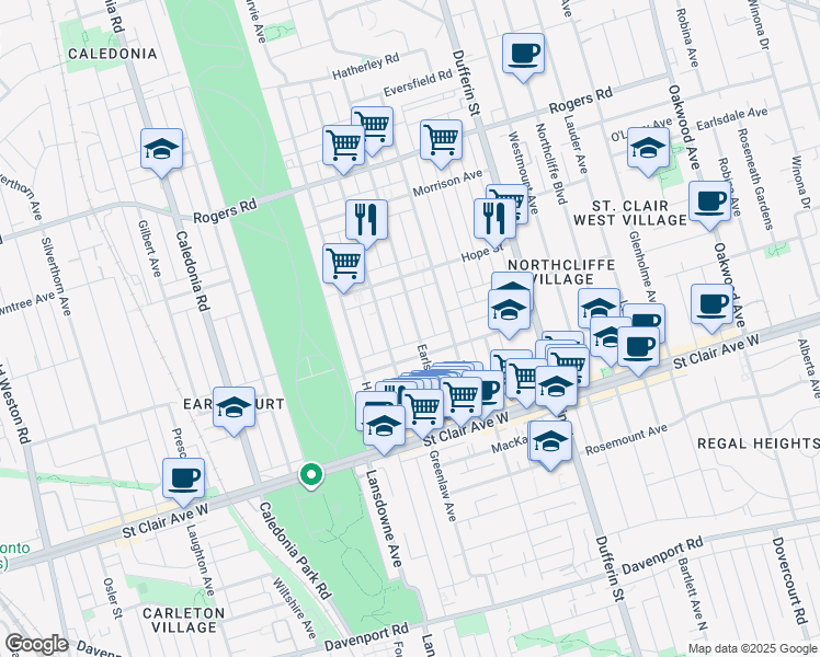 map of restaurants, bars, coffee shops, grocery stores, and more near 96 Earlscourt Avenue in Toronto