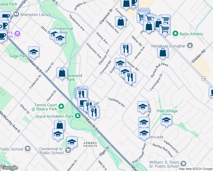 map of restaurants, bars, coffee shops, grocery stores, and more near 26 Lawrence Crescent in Brampton