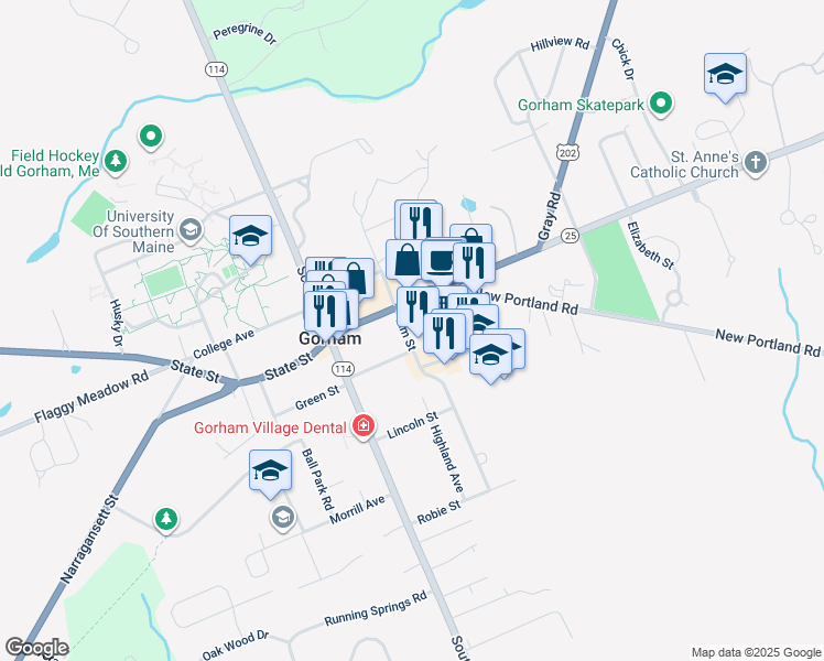 map of restaurants, bars, coffee shops, grocery stores, and more near 8 Elm Street in Gorham