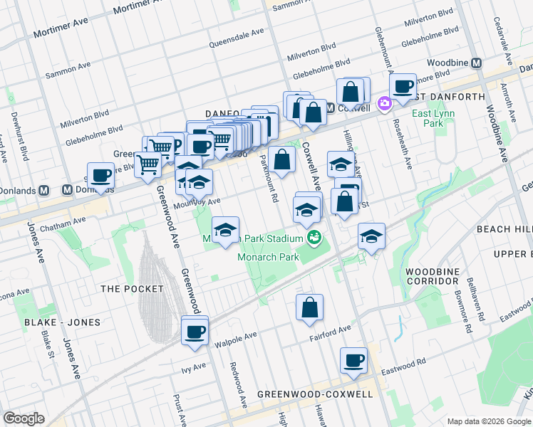 map of restaurants, bars, coffee shops, grocery stores, and more near 29 Monarch Park Avenue in Toronto