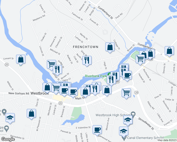 map of restaurants, bars, coffee shops, grocery stores, and more near 3 River Street in Westbrook