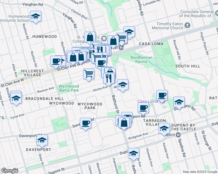 map of restaurants, bars, coffee shops, grocery stores, and more near 1364 Bathurst Street in Toronto