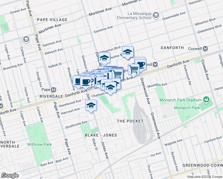 map of restaurants, bars, coffee shops, grocery stores, and more near 108 Chatham Avenue in Toronto