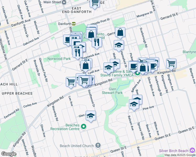 map of restaurants, bars, coffee shops, grocery stores, and more near 11 A Walter Street in Toronto