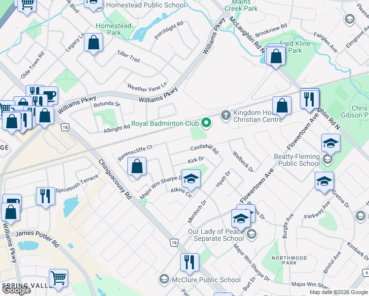 map of restaurants, bars, coffee shops, grocery stores, and more near 58 Castlehill Road in Brampton