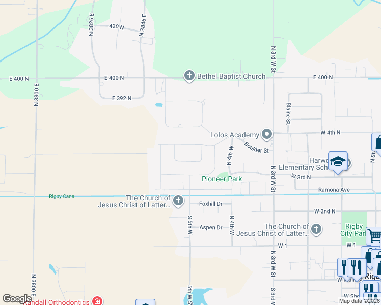 map of restaurants, bars, coffee shops, grocery stores, and more near 3866 East 380 North in Rigby