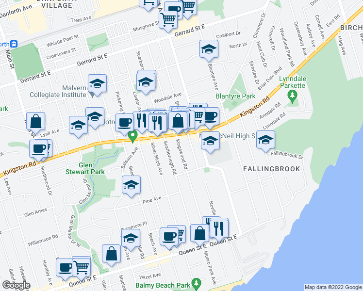 map of restaurants, bars, coffee shops, grocery stores, and more near 233 Kingswood Road in Toronto
