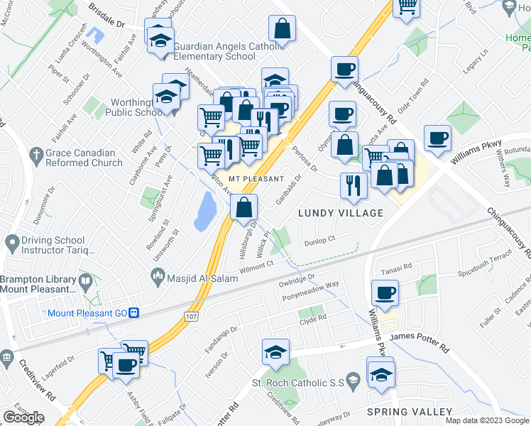 map of restaurants, bars, coffee shops, grocery stores, and more near 81 Garibaldi Drive in Brampton