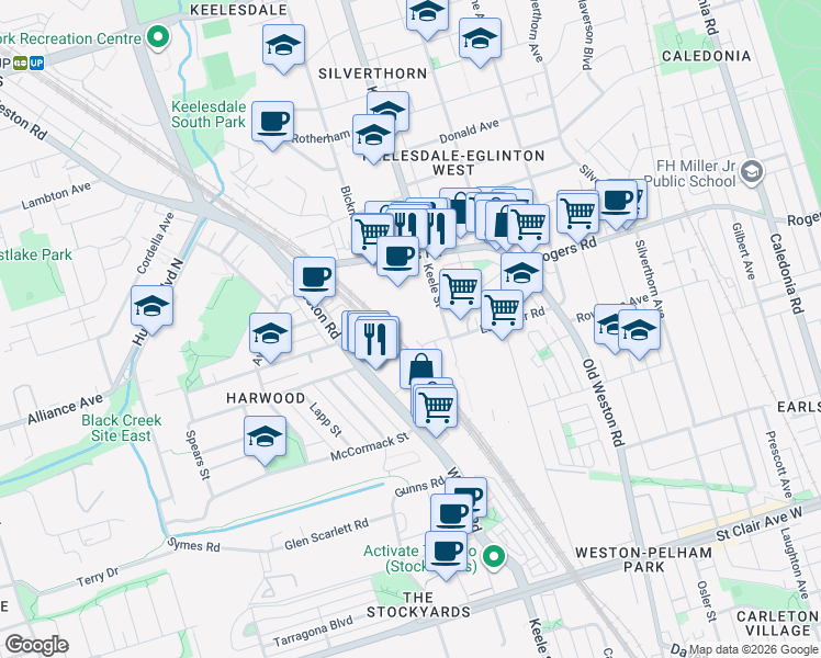 map of restaurants, bars, coffee shops, grocery stores, and more near 1500 Keele Street in Toronto