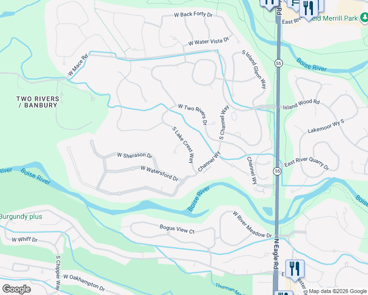 map of restaurants, bars, coffee shops, grocery stores, and more near 649 West Watermoor Court in Eagle