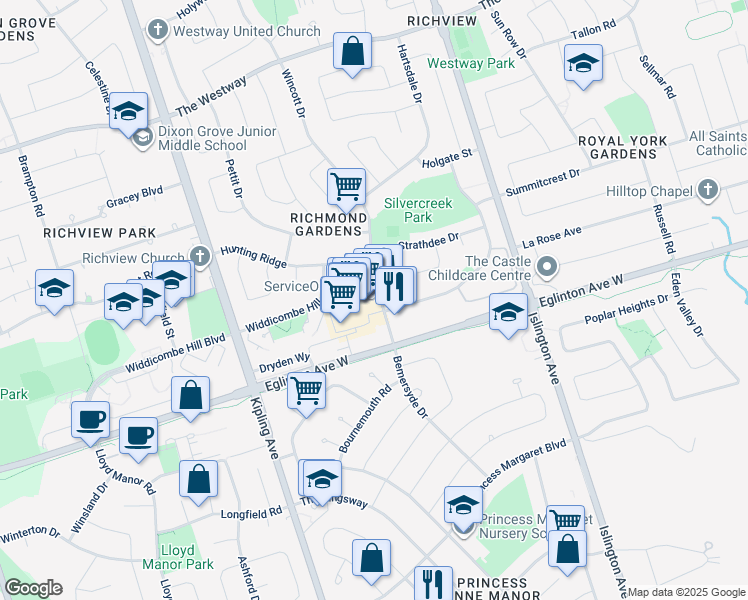 map of restaurants, bars, coffee shops, grocery stores, and more near 246 Wincott Drive in Toronto