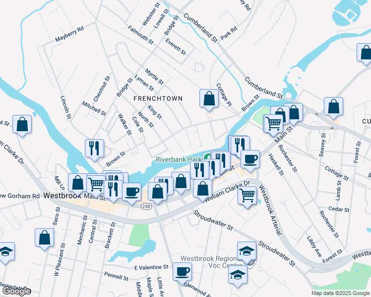 map of restaurants, bars, coffee shops, grocery stores, and more near 15 King Street in Westbrook