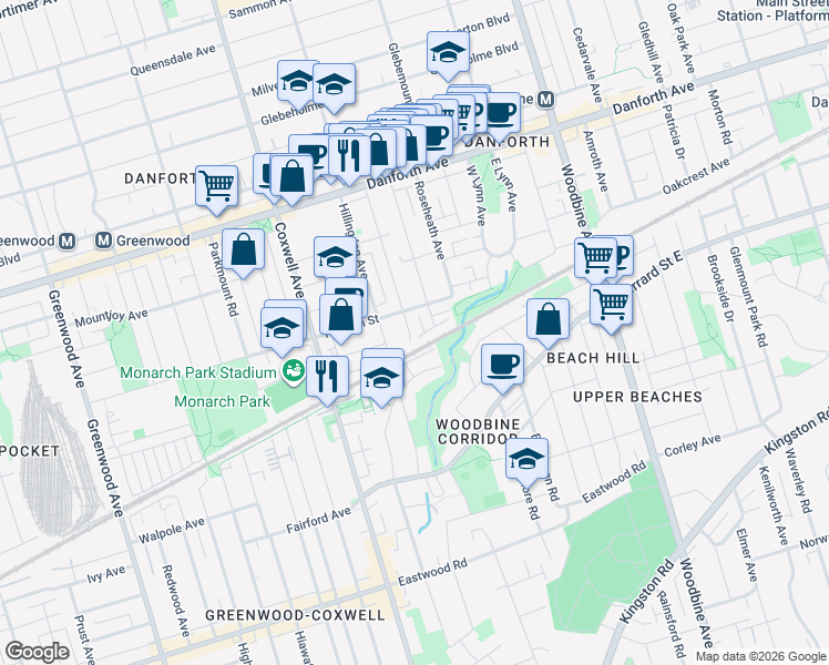 map of restaurants, bars, coffee shops, grocery stores, and more near 1 Bastedo Avenue in Toronto
