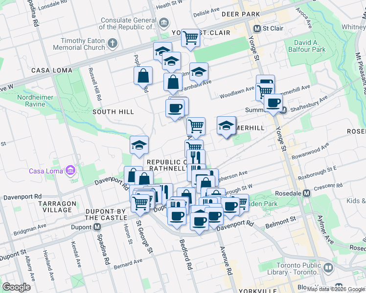 map of restaurants, bars, coffee shops, grocery stores, and more near 180 Cottingham Street in Toronto