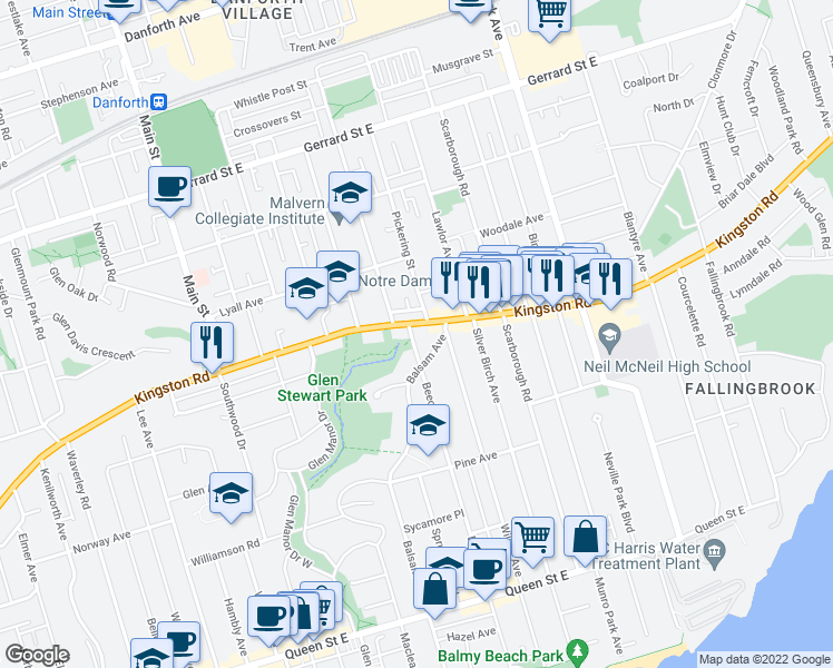 map of restaurants, bars, coffee shops, grocery stores, and more near 365 Beech Avenue in Toronto