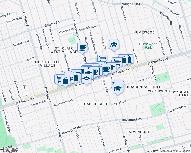 map of restaurants, bars, coffee shops, grocery stores, and more near 930 Saint Clair Avenue West in Toronto