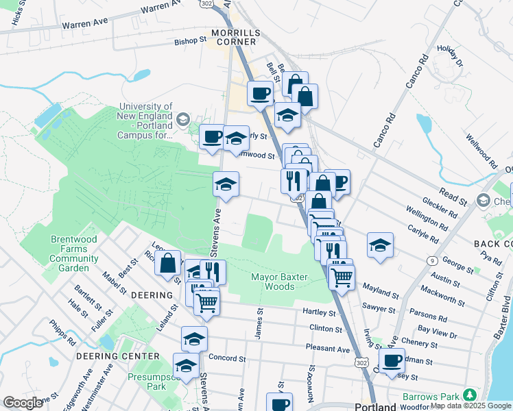 map of restaurants, bars, coffee shops, grocery stores, and more near 242 Walton Street in Portland