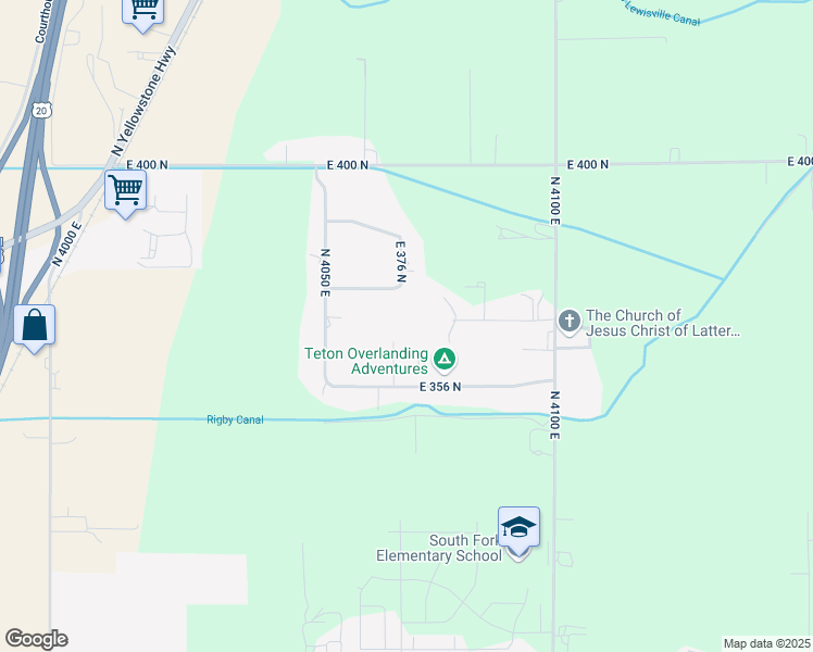 map of restaurants, bars, coffee shops, grocery stores, and more near 368 North 4068 East in Rigby