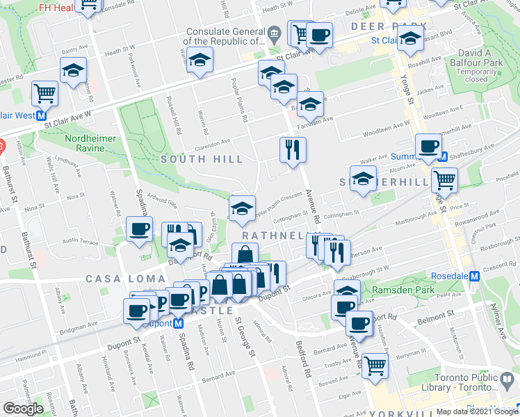 map of restaurants, bars, coffee shops, grocery stores, and more near 74 Poplar Plains Crescent in Toronto