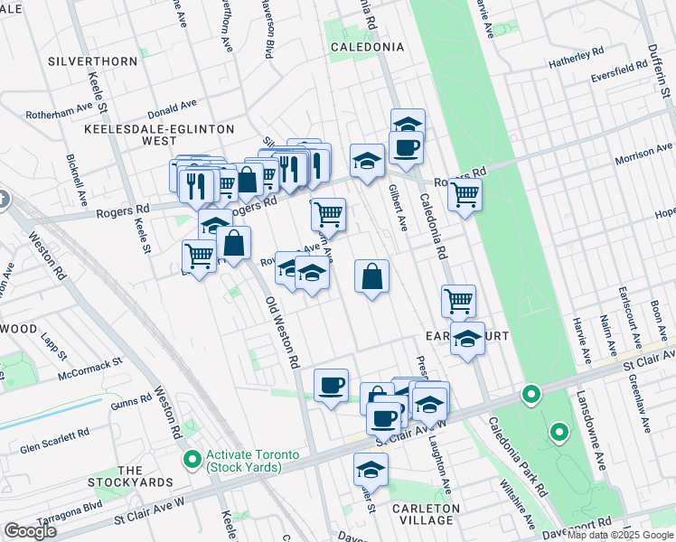 map of restaurants, bars, coffee shops, grocery stores, and more near in Toronto